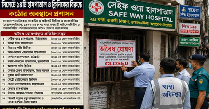 সিলেটে ১৪টি বেসরকারি হাসপাতালে অভিযান