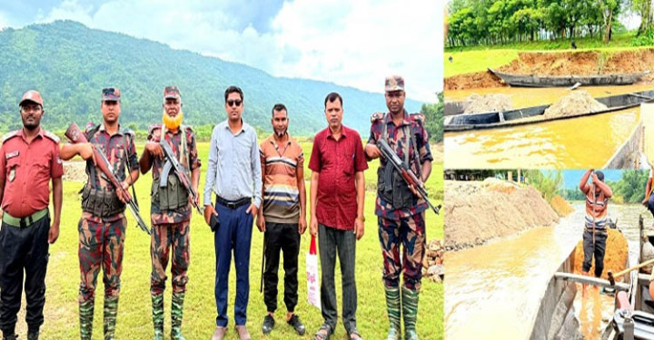 জৈন্তাপুরে অভিযানে বোমা মেশিন ও ১২টি বারকি নৌকা জব্দ