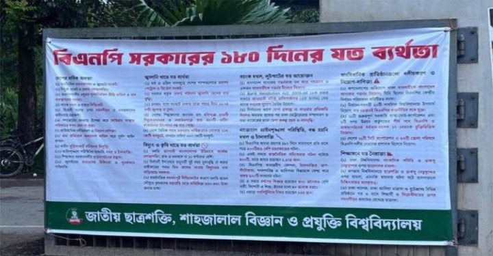 শাবিপ্রবিতে ‘বিএনপি সরকারের ১৮০ দিনে যত ব্যর্থতা’র ব্যানার টানাল ছাত্রশক্তি