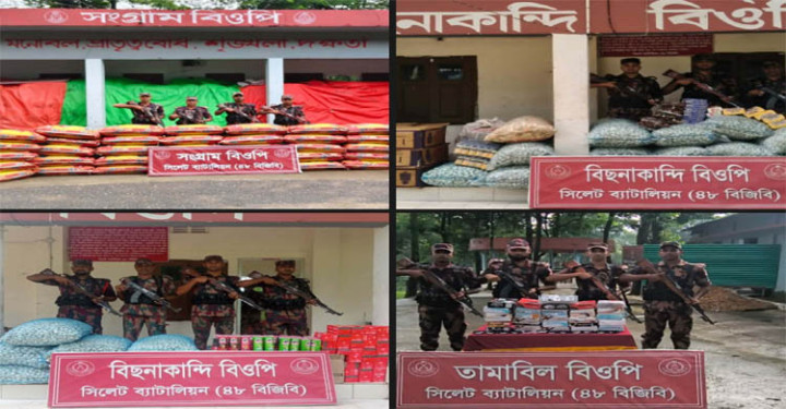 সিলেট সীমান্তে ৭৮ লাখ টাকার ভারতীয় চোরাচালানি মালামাল জব্দ